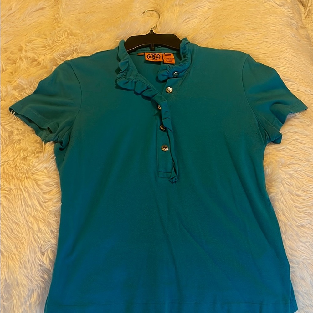 Tory Burch Blue Ruffled Button-Up Women's Top